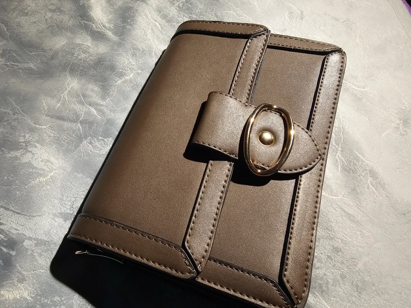 Bijutricotaje.ro | Geantă crossbody structurată maro-taupe cu cataramă elegantă – Stare excelentă