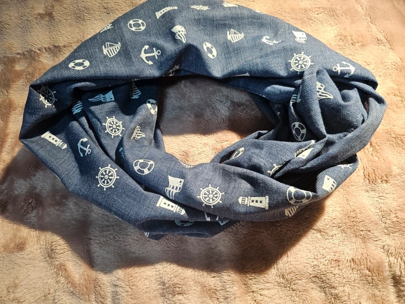 Bijutricotaje.ro | Eșarfă circulară tip burlan (Infinity) albastru denim, imprimeu nautic marin