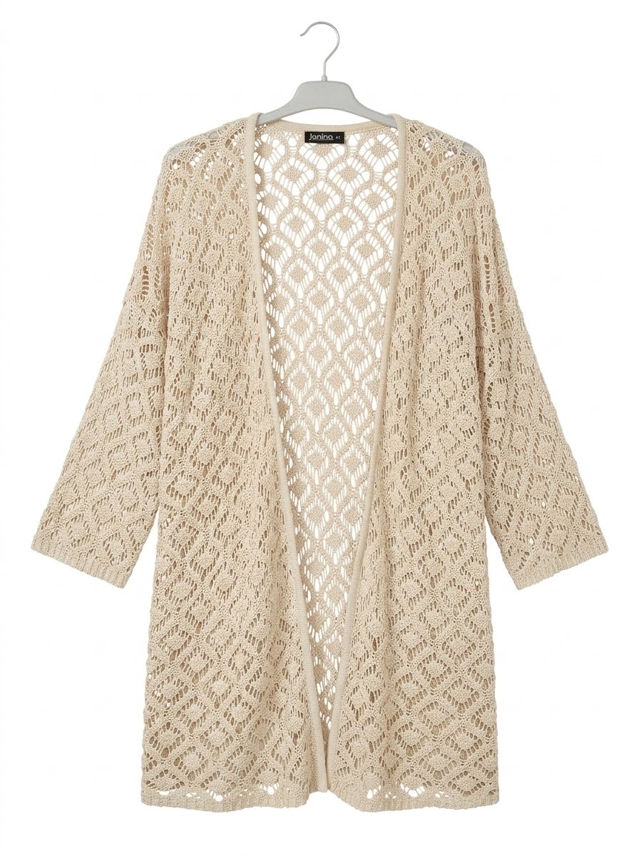 Bijutricotaje.ro | Cardigan crem din dantela tricotata (crosetat) cu model geometric, fara nasturi