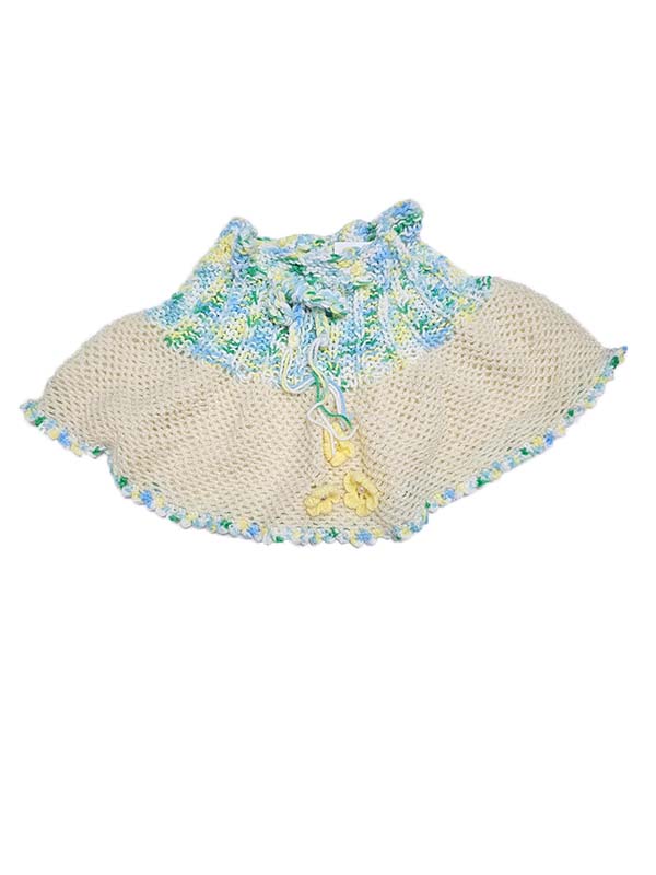 Bijutricotaje.ro | Fustă cloș croșetată manual crem cu betelie multicoloră și floricele