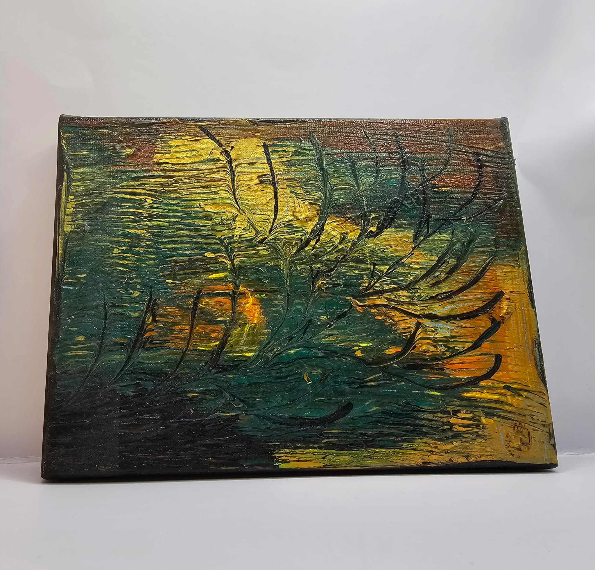 Bijutricotaje.ro | Tablou Canvas Handmade Fluid Art Texturat Auriu și Verde, Decor Perete Abstract Modern, 18x24 cm