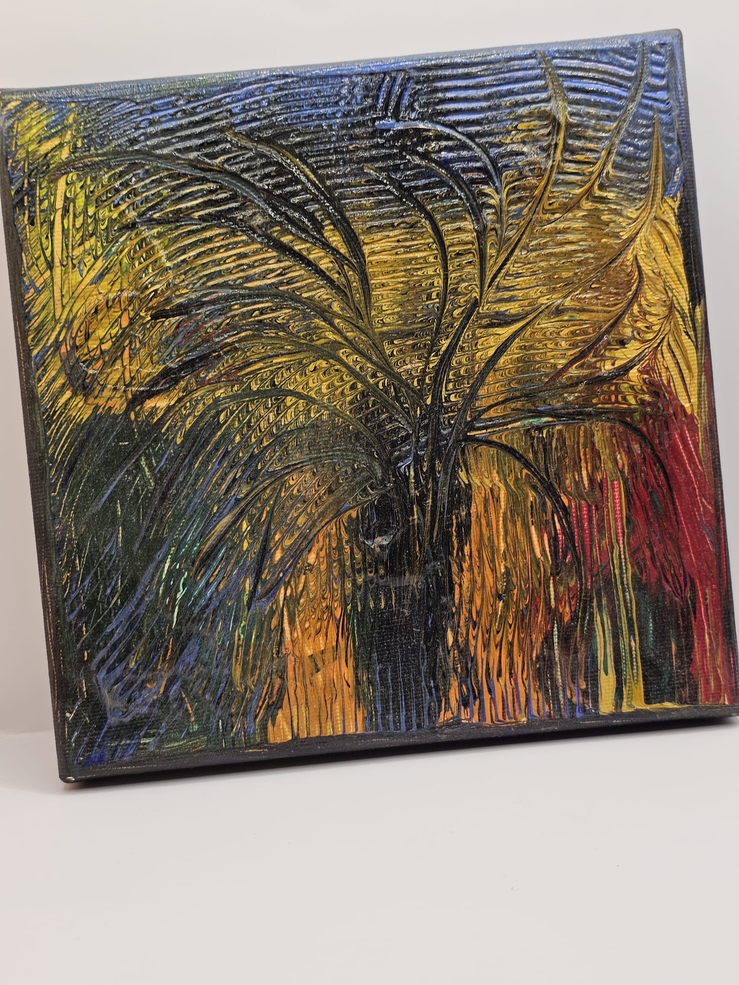 Bijutricotaje.ro | Tablou Canvas Pătrat Handmade Abstract Explozie de Lumină, Fluid Art Texturat Negru și Auriu, Decor Perete Modern, 20x20 cm