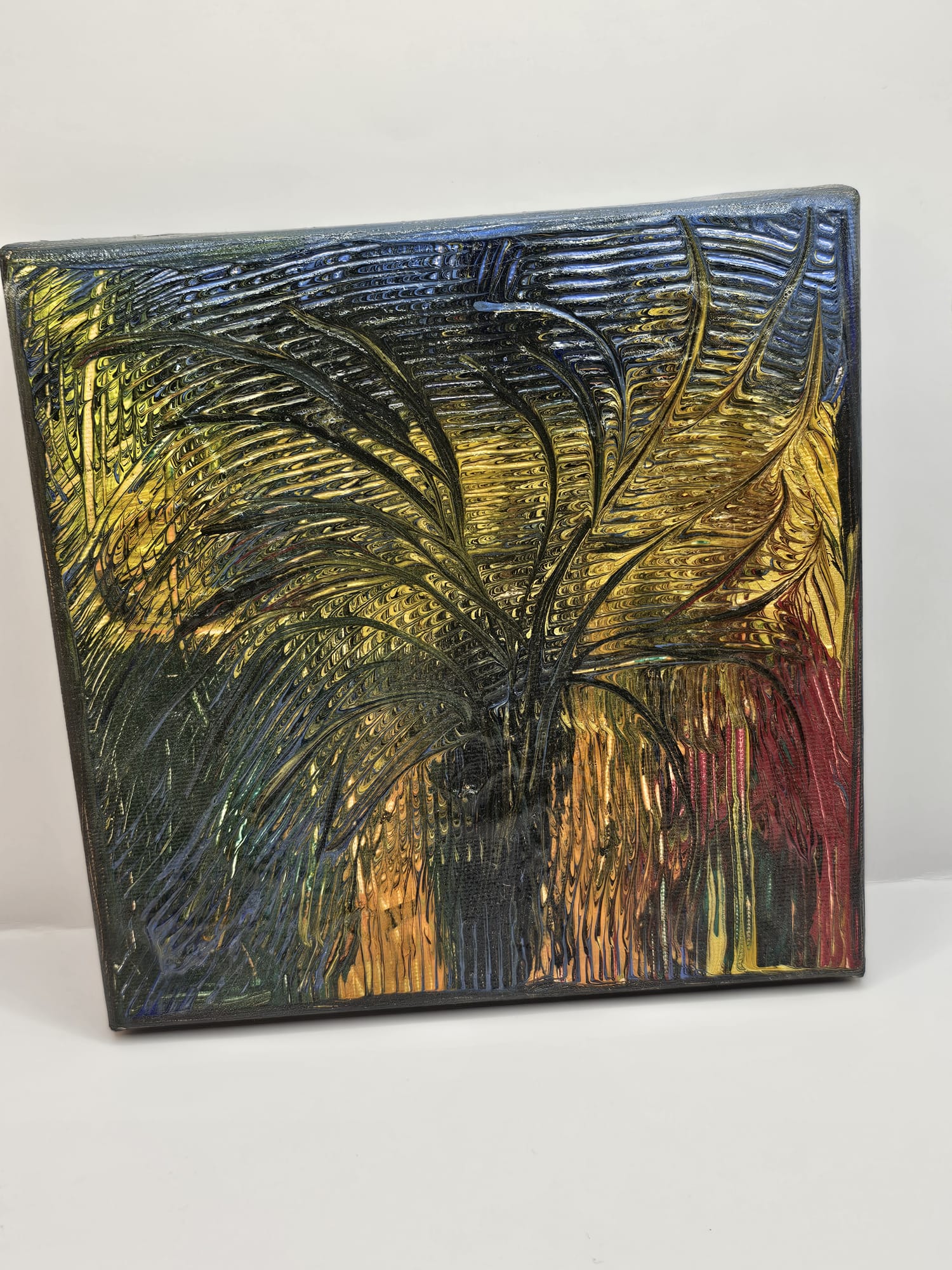 Bijutricotaje.ro | Tablou Canvas Pătrat Handmade Abstract Explozie de Lumină, Fluid Art Texturat Negru și Auriu, Decor Perete Modern, 20x20 cm