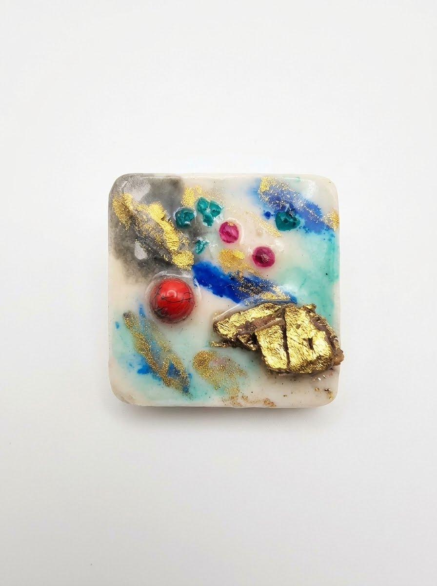 Bijutricotaje.ro | Broșă pătrată abstractă din ceramică pictată