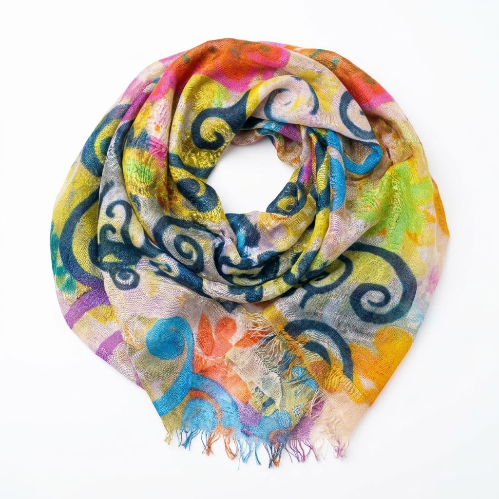 Bijutricotaje.ro | Eșarfă multicoloră vibrantă din tencel și bumbac stil artistic floral