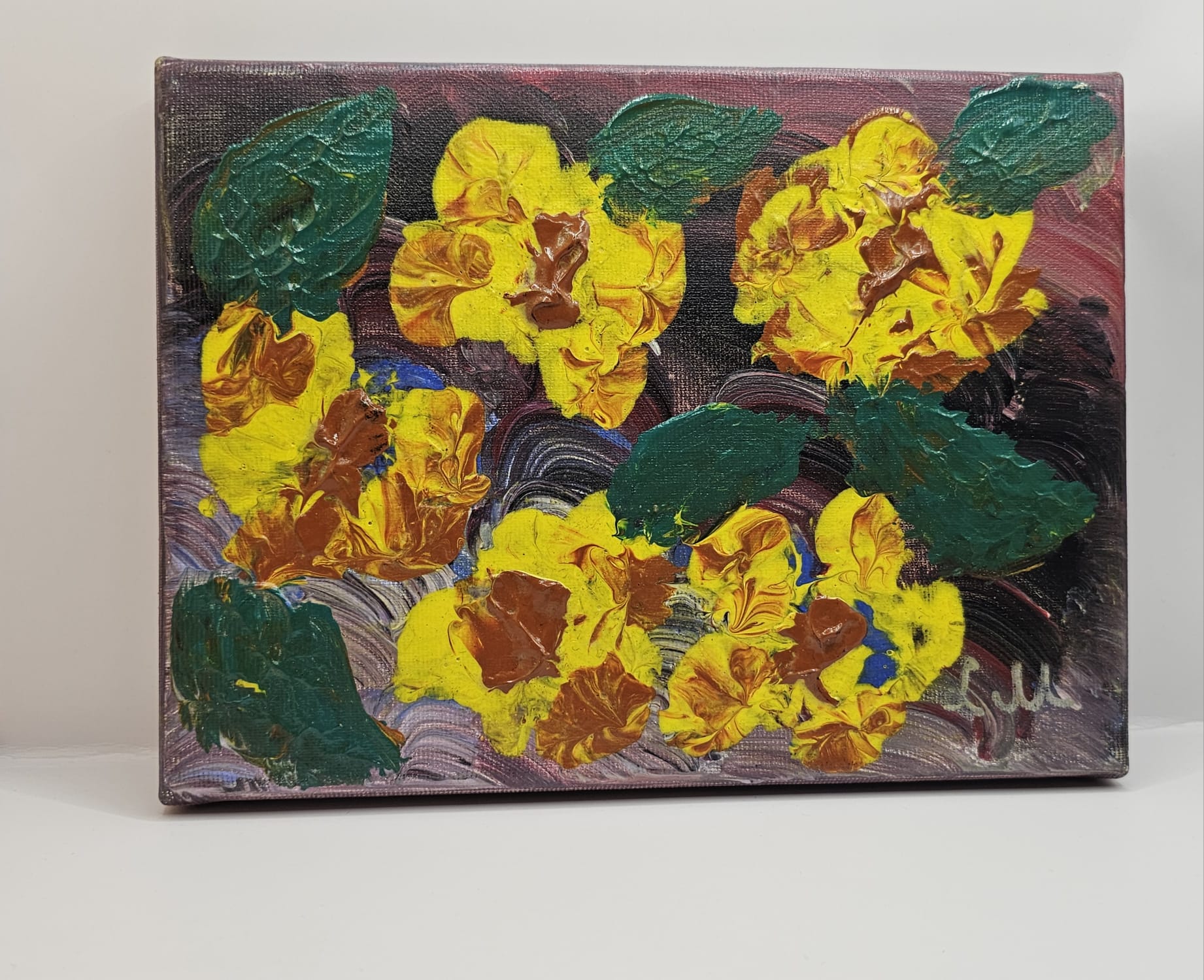 Bijutricotaje.ro | Tablou Abstract cu Flori 23x18 cm, Pictura Texturata Floarea Soarelui In Relief, Canvas Modern Handmade Giallo