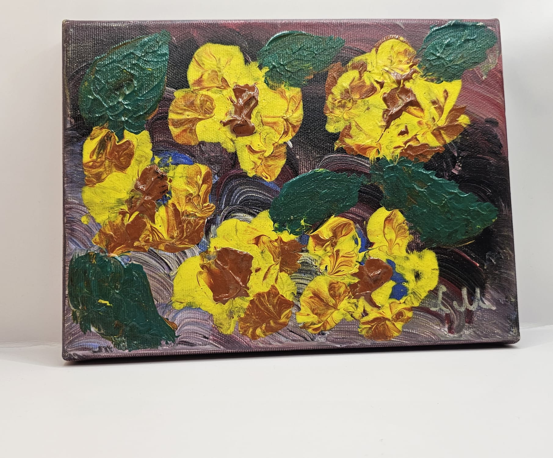 Bijutricotaje.ro | Tablou Abstract cu Flori 23x18 cm, Pictura Texturata Floarea Soarelui In Relief, Canvas Modern Handmade Giallo