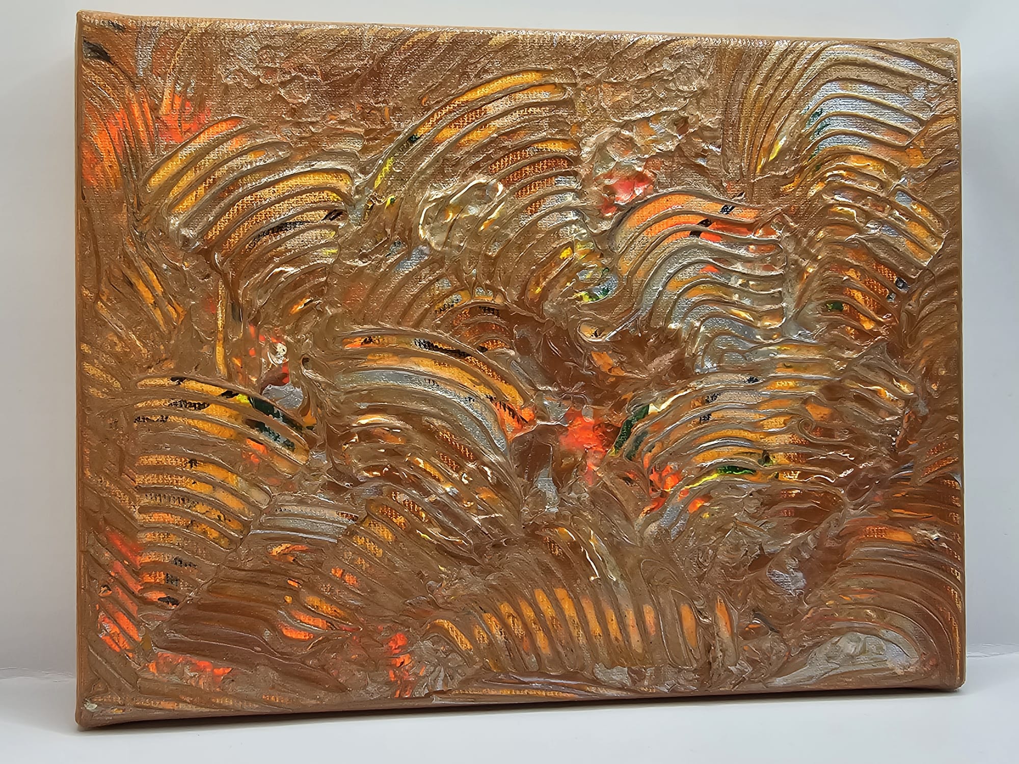 Bijutricotaje.ro | Tablou Canvas Handmade Abstract Structural 3D Bronz și Cupru, Pictură Texturată cu Accente Neon, Decor Perete Modern, 18x24 cm