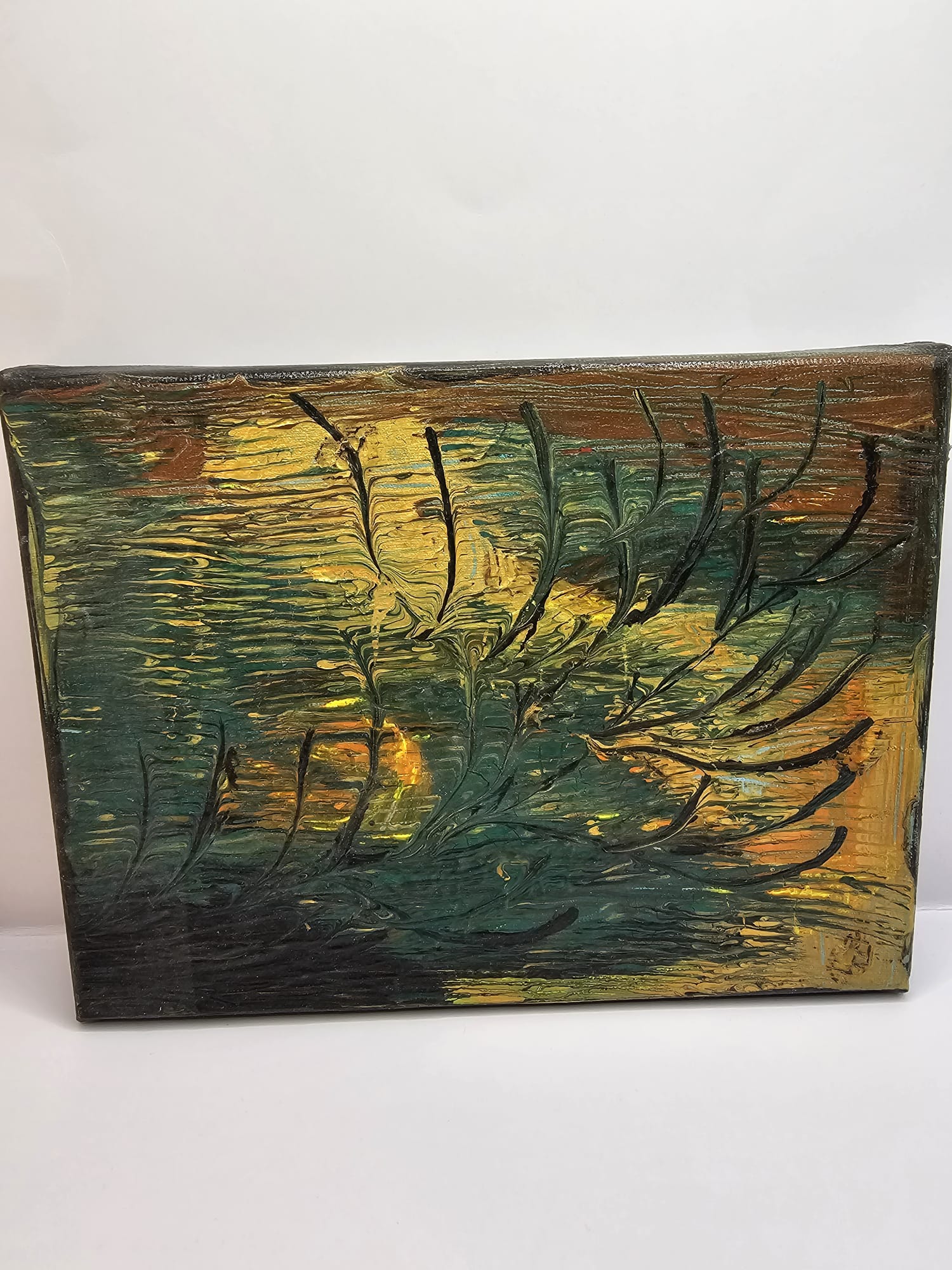 Bijutricotaje.ro | Tablou Canvas Handmade Fluid Art Texturat Auriu și Verde, Decor Perete Abstract Modern, 18x24 cm