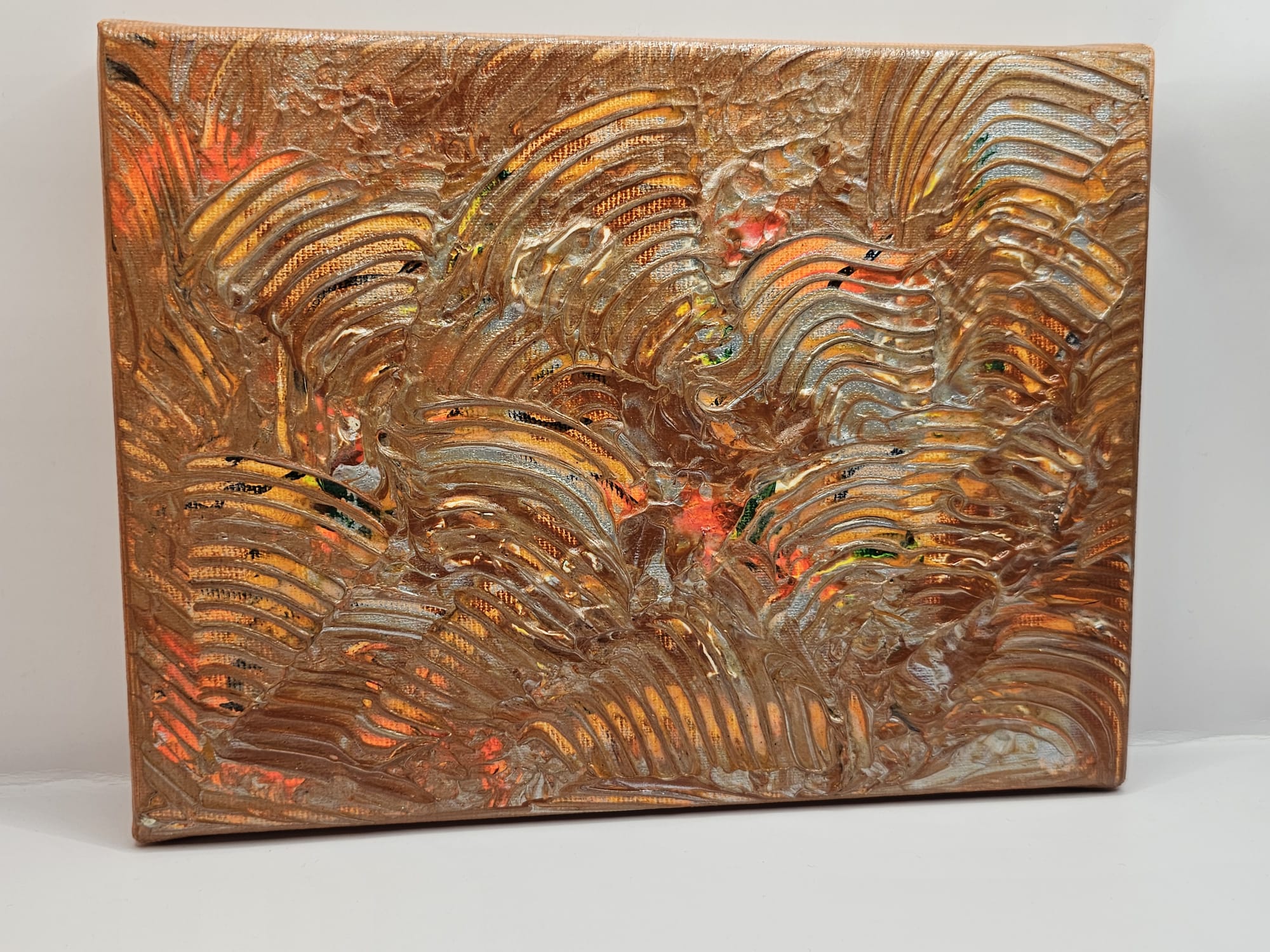 Bijutricotaje.ro | Tablou Canvas Handmade Abstract Structural 3D Bronz și Cupru, Pictură Texturată cu Accente Neon, Decor Perete Modern, 18x24 cm